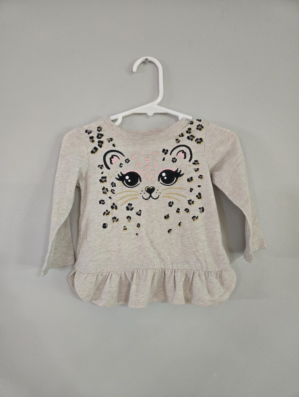 Garanimals Light Pink Long-Sleeve Leopard Face Ruffle Hem Top